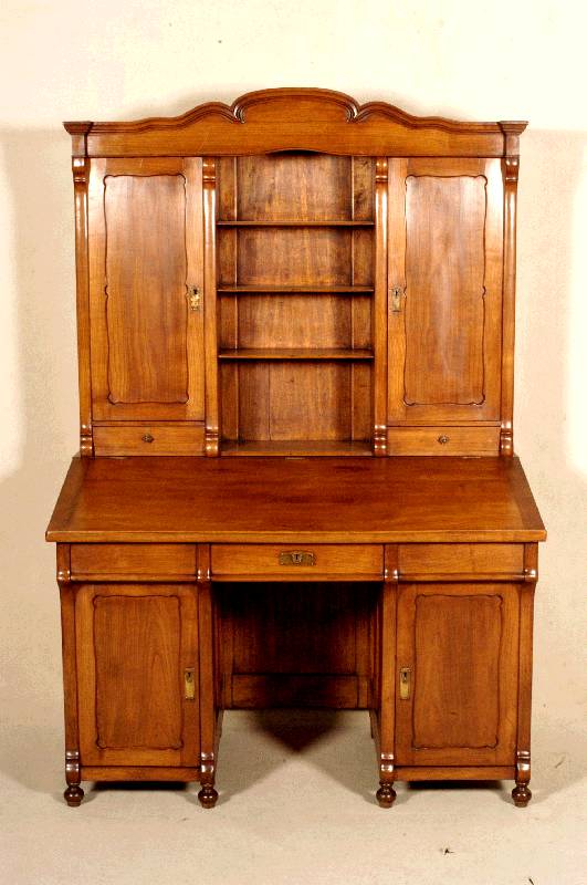 Schreibschrank, deutsch/wohl Berlin, um 1850/60, Korpus Weichholz, Kirschbaum massiv Unterteil auf KugelfÜßen, Ober- und Unterteil links und ...