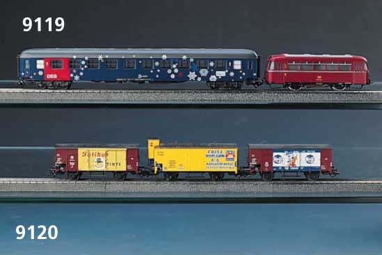 5 WerbegÜterwagen-Sets, MÄrklin, Spur HO, 2. HÄlfte 20. Jh., best. aus: Wagen-Set "Fritz Homann, Dissen", 2 x Wagen-Set ...