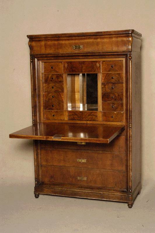 sogenannter RahmensekretÄr, deutsch/Pfalz, um 1830/40, Korpus Weichholz, Front auf Rahmen gearbeitet, Wurzelnußfurnier z.T. 4-fach gespiegelt, ...