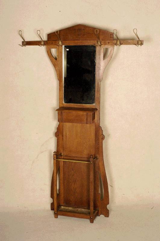 Flurgarderobe, deutsch, um 1900, Jugendstil, Eiche massiv, kleiner Spiegel mit Facettschliff, restauriert, gelaugt und gewachst, Gebrauchsspuren, ...