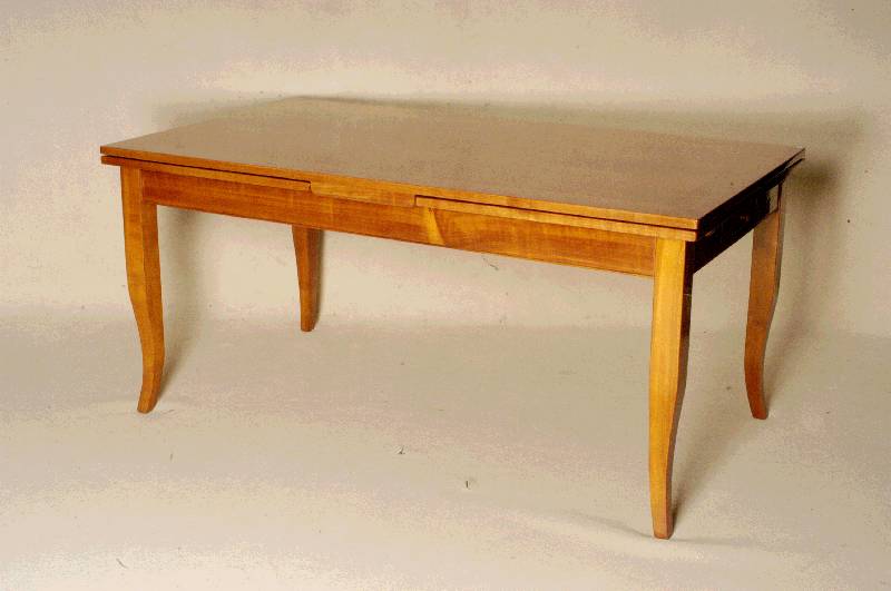 Ausziehtisch, im Biedermeierstil, Kirschbaum massiv, Platte mit Faden- und Sternintarsien, sich auf den Ausziehplatten wiederspiegelnd, ...