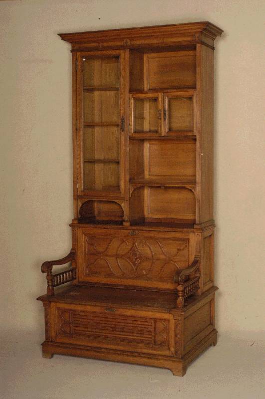 BÜcherbank, deutsch, um 1890, Weichholz/RÜster massiv, eckige Beine mit Auskehlungen, FÜllungen im gothischen Stil, SitzflÄche aufklappbar, ...