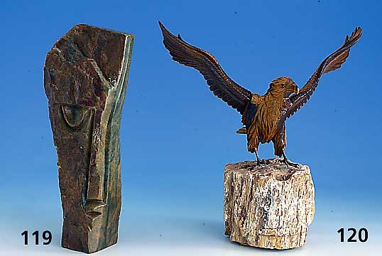 Skulptur aus grÜn/braunem Serpentingestein "Der Denker", deformierte u. abstrakte Darstellung eines Gesichts, 1 Seite poliert, 1 Seite ...