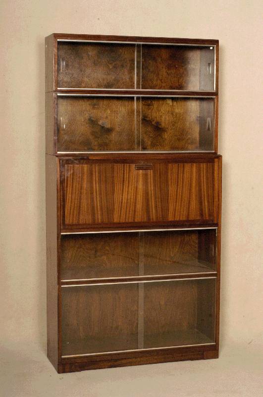 Vielzweck-BÜcherschank, England, um 1920, System Minty Oxford, Rotholz, verglaste SchiebetÜren, mit Schreibfach, schÖnes praktisches MÖbel, ...