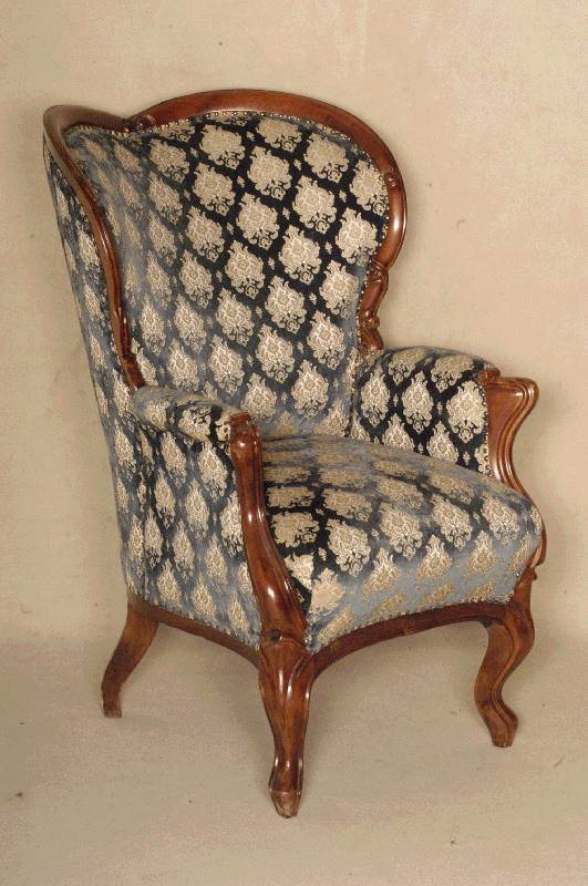 Sessel, deutsch, um 1870, Louis-Philippe, Nußbaum kanelliert, geschwungene Beine, aus den Seitenteilen eines Sofas gefertigt, Polsterung und ...