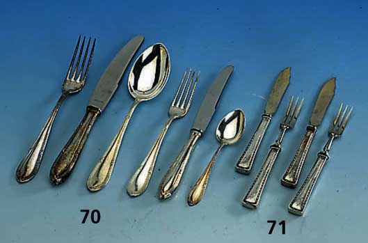 Besteck fÜr 6 Personen, deutsch, um 1900, 800er Silber, best. aus: 6 Messer (Griffe gefÜllt, Klingen erneuert), 6 Gabeln, 6 LÖffel, 6 ...