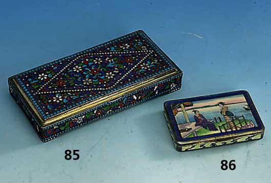 Cloisonne-Dose, Rußland, wohl Tula um 1890/ 1900, Silber geprÜft, aufgelegte Mille- drÄhte, buntes Cloisonne-Email an einigen Stellen ...