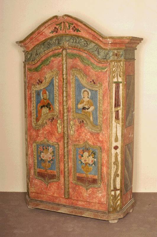 Hochzeitsschrank, Österreich, um 1820/30, Korpus Weichholz, bunte Fassung aus der Zeit, blaugrundig, Front mit Darstellung des Heiligen Andreas ...