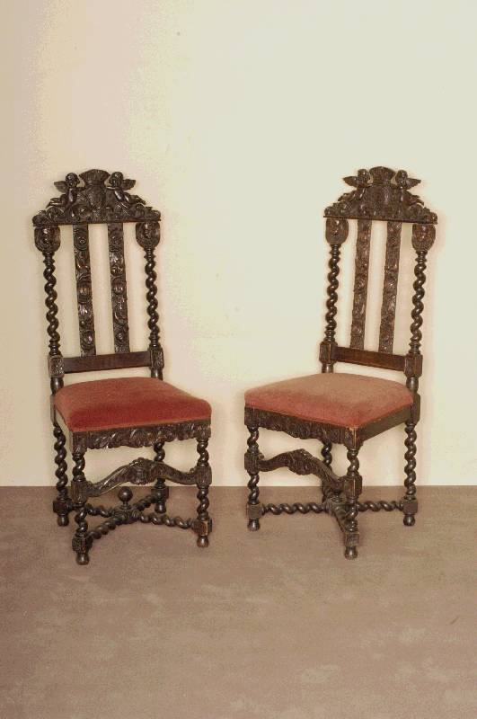 6 Danziger StÜhle, um 1890/1900, Eiche geschwÄrzt, Barockstil, Danziger Stadtwappen, RÜckenlehne reich geschnitzt, Beine versprosst, ...