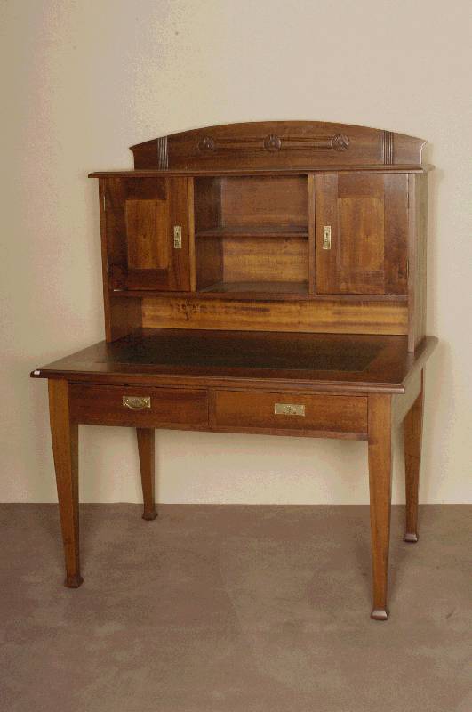 Schreibtisch mit Aufsatz, deutsch, um 1910, Nußbaum massiv, Nußbaumfurnier, eckige Beine, konisch, Schublade, Schreibplatte mit Kunstleder, ...