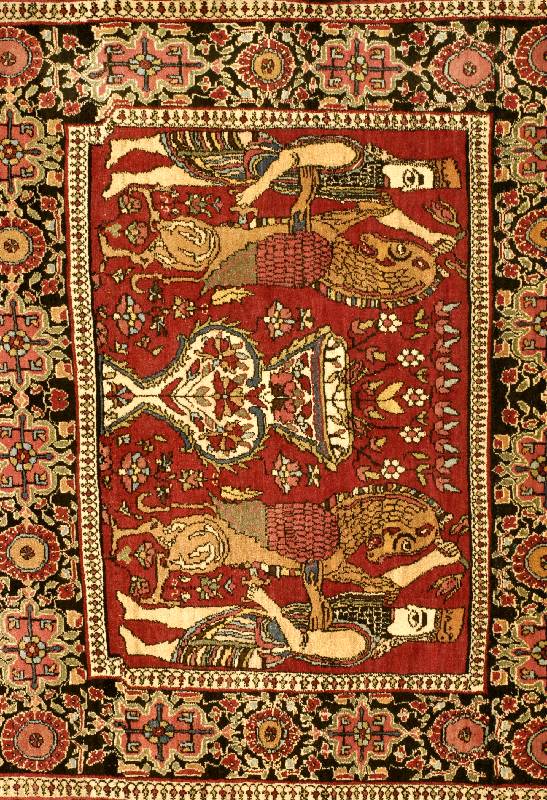 Semnan, Persien, um 1920, Wolle auf Baumwolle, ca. 109 x 128 cm, Schätzwert: 1600.- EURO, EHZ: 2-3. Seltener Knüpfteppich m it Bildmotiv.