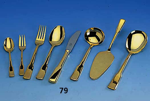 Besteck fÜr 12 Personen, 24 kt hartvergoldet, bestehend aus: 12 MenÜmesser, 12 -gabeln und 12 -lÖffel, 12 KaffeelÖffel und 12 Kuchen- gabeln, ...