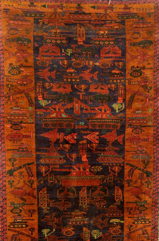 Zakini, Afghanistan, um 1980, Wolle auf Wolle, ca. 195 x 116 cm, Schätzwert: 1600.- EURO, EHZ: 2. Sog. Kriegsteppich mit Panzer, R aketen, ...