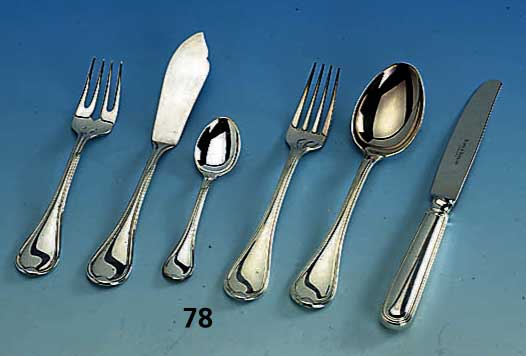28-teiliges Besteck ROBBE & BERKING, 925er Silber, 6 MenÜmesser, 6 -gabeln, 6 -lÖffel und 6 KaffelÖffel, 2 Fischmesser und 2 -ga- beln, in ...