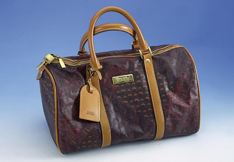 ESCADA-Tasche, 2 Tragegriffe, grÜn-beige- rotes Muster, Schloß (SchlÜssel fehlt!), ca. 18 x 22 x 39 cm, Gebr.-Sp.