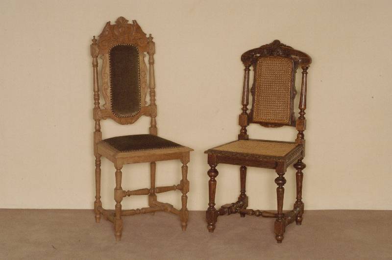 6 StÜhle, Frankreich/Belgien, um 1900, Eiche massiv, sogenannter FrÜhbarockstil, Beine verschrÄnkt, gute Drechselarbeit, RÜckenlehne mit ...