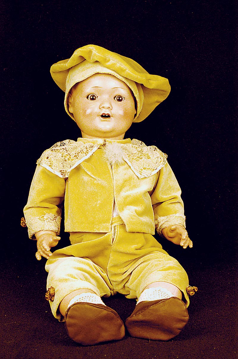 Massekopf-Baby, 40er Jahre, Sonnenberg, MassegliederkÖrper, Steifgelenke, braune Paperweightaugen, diese l. defekt, offener Mund, 2 ZÄhnchen ...