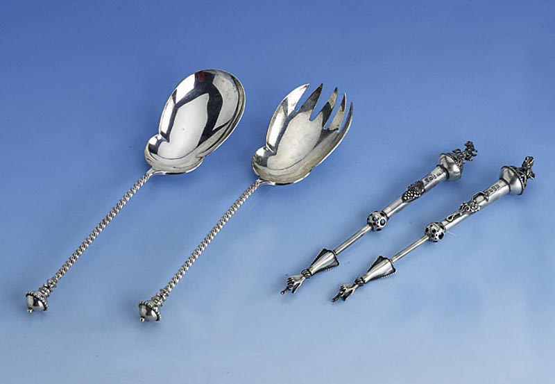2-teil. Salatbesteck, Niederlande nach 1872, 800er Silber, gedrehte Griffe, L. ca. 25 cm, ca. 175 g