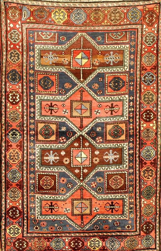 Fachralo Kazak , Georgien Westkaukasus, 19.J hd. Antik, Wolle auf Wolle, Naturfarben, Indig o blauer Fond, ca. 186 x 121 cm, SchÄtzwert: 6 000,- ...