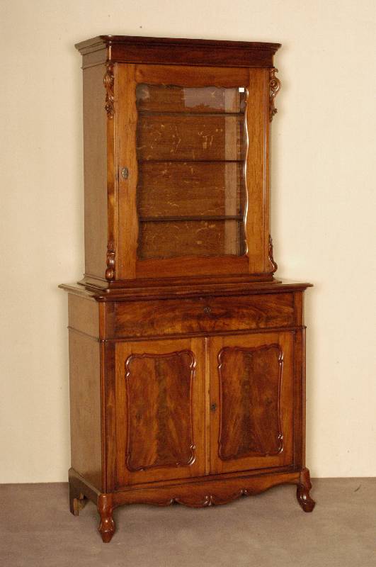 Aufsatzschrank, Holland, um 1860, Wilhelm III, sogenannte Bonheur, Korpus Eiche, Mahagonifurnier, Pyramidenmahagoni gespiegelt, symetrisch, ...