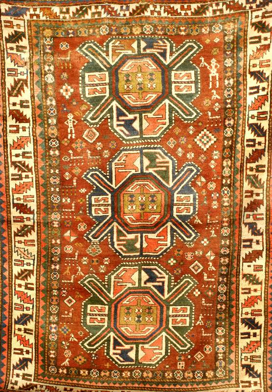 Kazak Tir-Gul Muster, Kaukasus, um 1890 ant ik, Wolle auf Wolle, ca. 213 x 144 cm, SchÄtzw ert: 5500.- EURO, EHZ: 4. Seltener Antiker Kau kase in ...