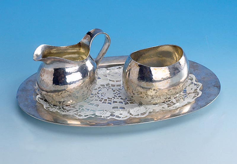 Zuckerschale und Sahnegießer auf Tablett, 900er Silber, Silberschmied: Ed. Wollenwebe r/;MÜnchen, 30/40er Jahre, Einzelanfertigung, reine ...