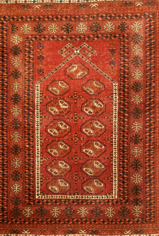 Erzari, Afghanistan, ca. 60 Jahre, Wolle auf Wolle, ca. 114 x 90 cm, SchÄtzwert: 450.- EURO, EHZ: 3-4. Seltenes Gebetsmotiv.
