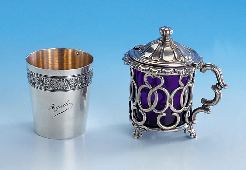 SenftÖpfchen, Frankreich um 1870/80, 950er Silber, Meistermarke Alfons Debain, Barockstil, in sich verschlungene Halbringe, sogn. C-Formen, ...