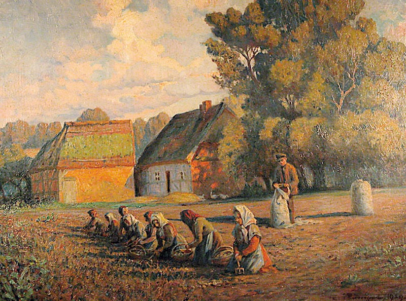 Rumpel, Karl Ernst, geb. 1867 Potsdam, studierte in Berlin bei M. Koch, dann in Weimar bei Max Thedy, wirkte in Demmin, hier: Kartoffelernte im ...