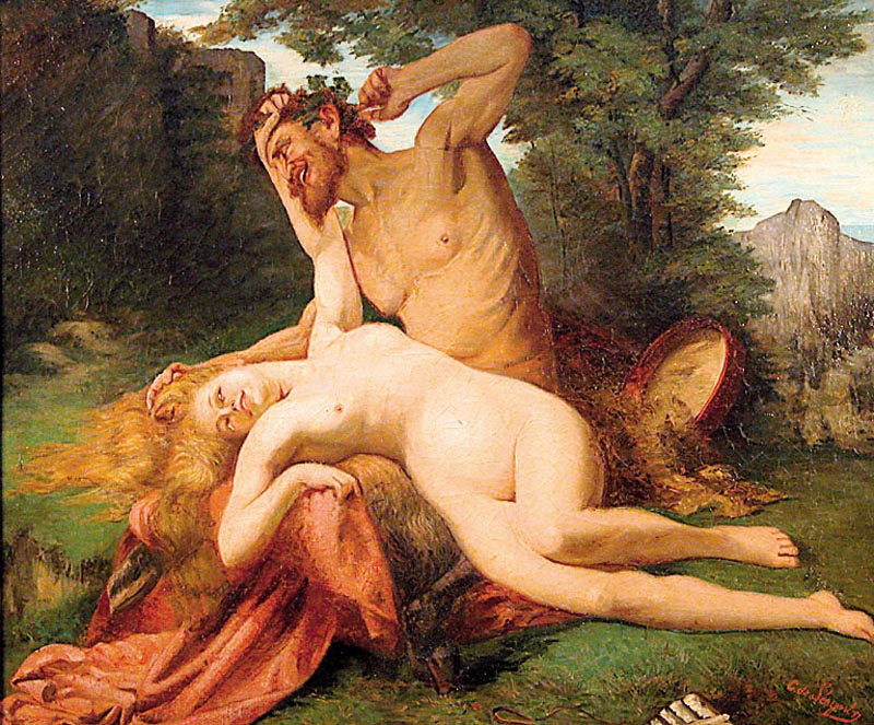 Sergnir, C. de (o.Ä.), franzÖsischer KÜnstler um 1876, Satyr mit einer Bacchantin spielend, Öl/Lwdd (rest.), sign., verso franz. betitelt und ...