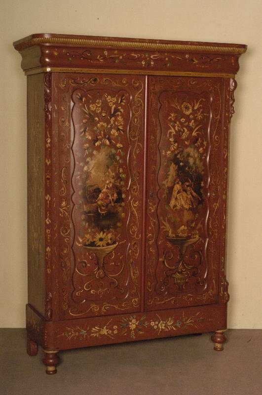 Bauernschrank, Holland, um 1860, SpÄtbiedermeier, Weichholz, auf KugelfÜßen, leicht abgerundete Ecken, 2-tÜrig mit BrezelfÜllungen, Kopfteil ...