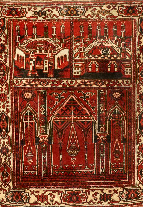 Ersari Gebetsbrücke, Turkmenestan, um 1940, Wolle auf Wolle, ca. 109 x 84 cm, Schätzwert: 1200.- EURO, EHZ: 3, Selten mit Moschee Motiv im Fond, ...