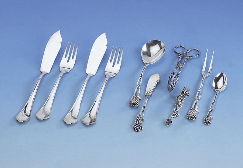 Fischbesteck fÜr 6 Personen, BSF um 1900, 800er Silber, Bes.-Monogr. E, best. aus: 6 Fischmesser und 6 Fischgabeln, total ca. 500 g, passend zu ...