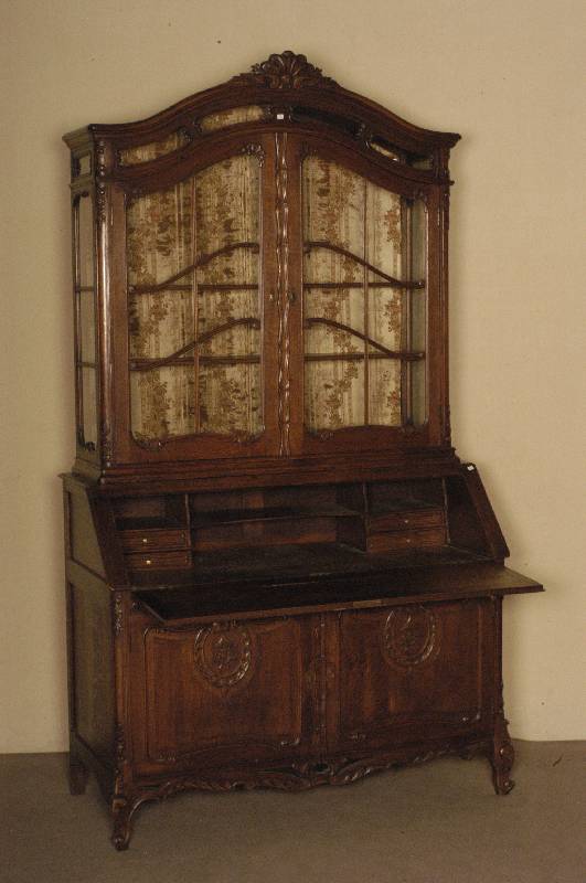 AufsatzsekretÄr, Belgien, um 1930, im Stil der Renaissance, Eiche massiv, Oberteil 2 -tÜrig und seitlich verglast, Holzsprossenfornt, Abschluß ...