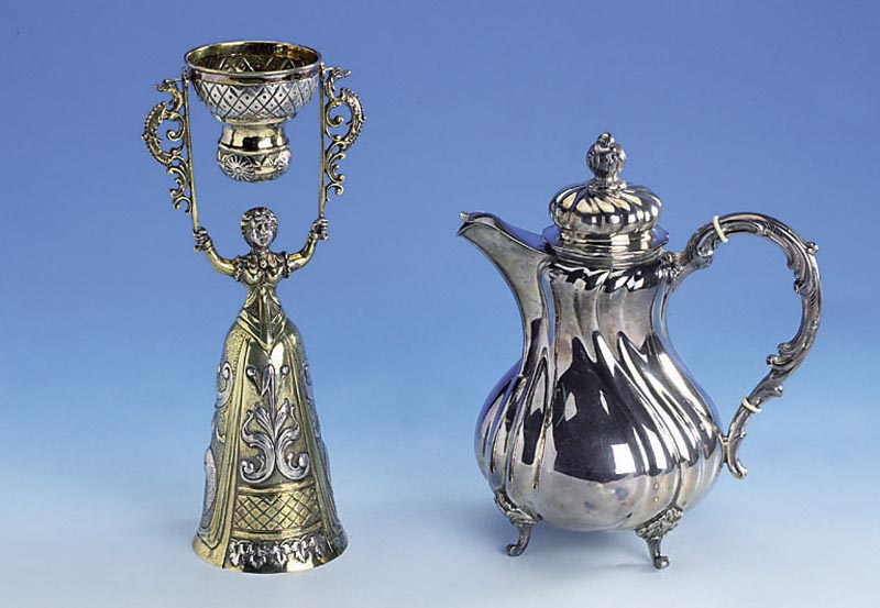 Hochzeitsbecher, deutsch 800er Silber,. teilvergoldet, wohl Hanau um 1890, feiner Guß, komplett nachgestochen, Gesicht und Entwurf nach altem ...