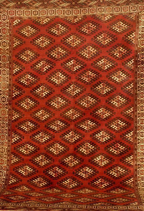 Yamut, Turkmenistan, ca. 60 Jahre, Wolle auf Baumwolle, ca. 342 x 225 cm, Schätzwert: 2800.- EURO, EHZ: 2, Typische Rauten Musterung auf ein ...