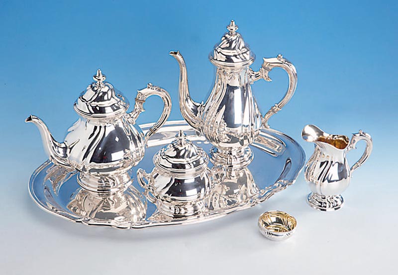 5-teiliges Kaffee- und Teeservice, deutsch, 800er Silber, Bruckmann & SÖhne Heilbronn, um 1900, Vertreiber: L. Oppenheim, Pforzheim, Barockstil, ...