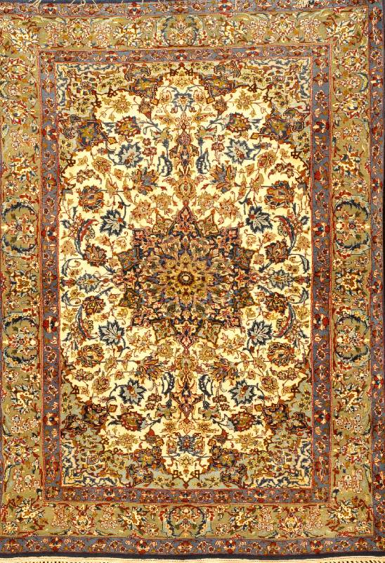 Esfahan Kork fein, Persien, ca. 30 Jahre, Korkwolle mit und auf Seide, ca. 147 x 107 cm, Schätzwert: 2400.- EURO, EHZ: 2 (guter Erhaltu ...