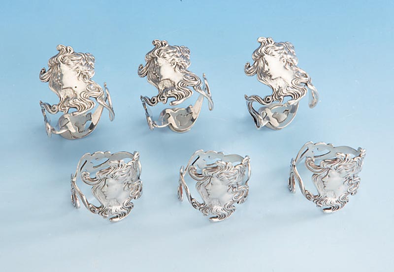 6 Jugendstil-Serviettenringe, deutsch um 1900, reiner Jugendstil, 800er Silber, typ. Jugenstilmotiv: MÄdchenkopf mit wallendem Haar in Reif ...