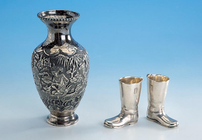Paar Trinkstiefel, Rußland, Moskau 1898-1912, 84er Silber, Meistermarke Erik August Kollin, hier: spÄtere AusfÜhrung, total ca. 315 g, H ca. 8 ...