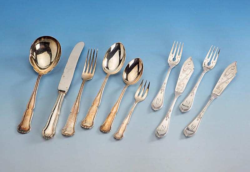 Fischbesteck fÜr 6 Personen, 800er Silber, Koch & Bergfeld um 1902/04, Entwurf Hugo Leven, stil. Herbstzeitlose, 2.Modell, Bes.-Monogr. W, in ...