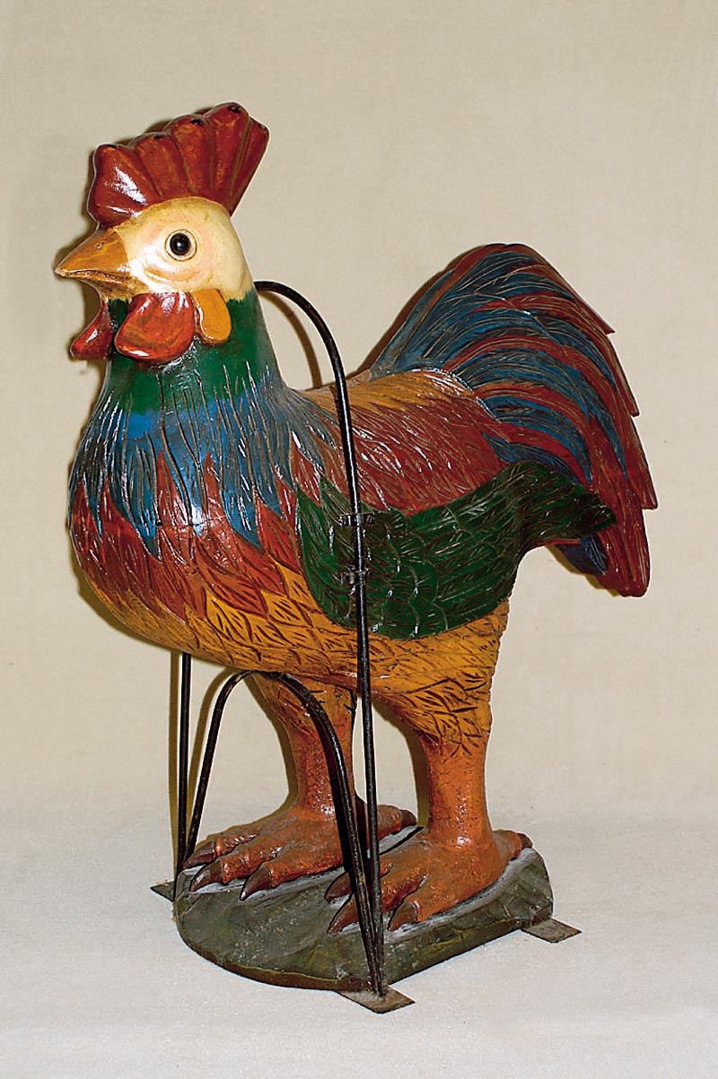 Karusselfigur, Hahn, 2. HÄlfte 20. Jh., Holz , geschnitzt, bunt gefasst, l. Gebr.-Spuren, H . ca. 90 cm, min. Schwundrisse mÖglich