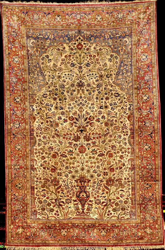 Keschan Seide Antik, Zentralpersien, 19. Jahrhundert, reine Naturseide, ca. 198 x 128 cm, Schätzwert: 9000.- EURO, EHZ: 2 (altersbed ingt in einen ...