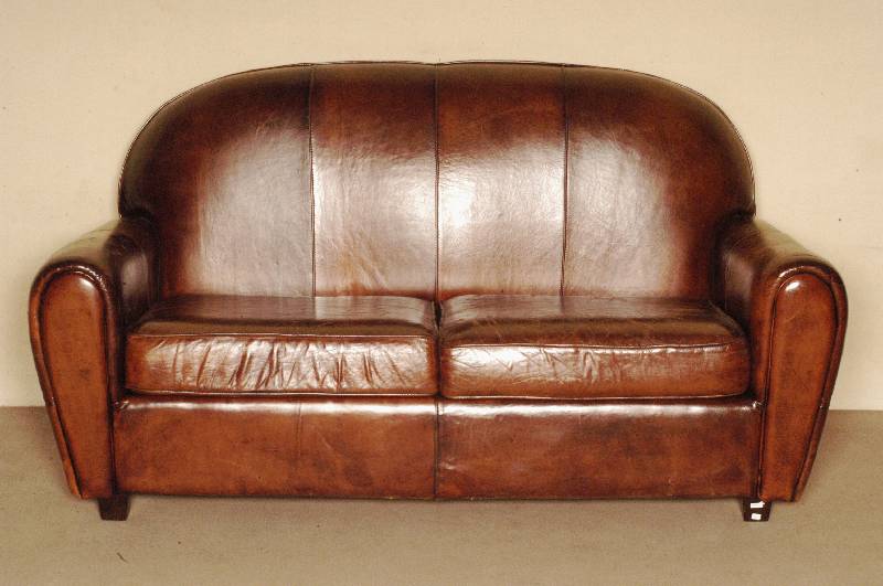 Ledersofa, deutsch, im Stil von 1930, ArtDeco-Stil, brauner Schafslederbezug, mit herausnehmbaren Kissen, schlichte AusfÜhrung, Gebrauchsspuren, ...