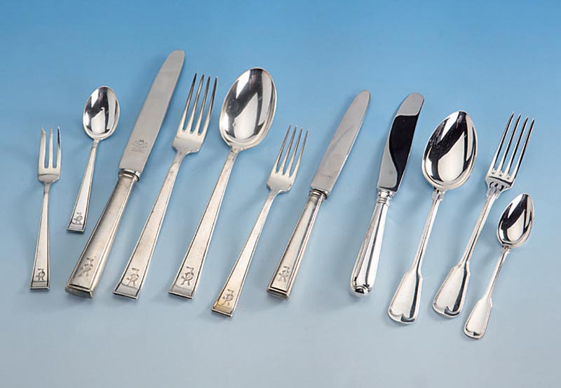 FrÜhstÜcksbesteck fÜr 5 Personen, deutsch WMF Patent, 90er Silberauflage, klass. Spatenform, kaum benutzt, best. aus: 5 Kaffee- lÖffel, 5 ...