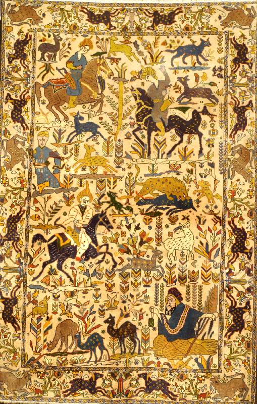 Semnan, Persien, ca. 40 Jahre, Wolle auf Baumwolle, ca. 190 x 130 cm, Schätzwert: 1400.- EURO, EHZ: 2, sehr guter Zustand, mit J agdszenerie.