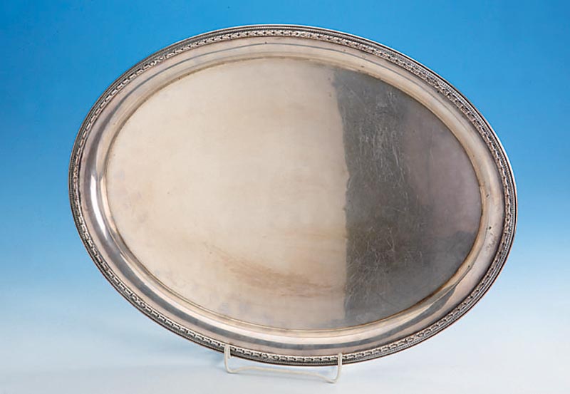 Anbietplatte, deutsch um 1880, 800er Silber, Perlleistenverzierung, ca. 860 g, ca. 45 x 34 cm