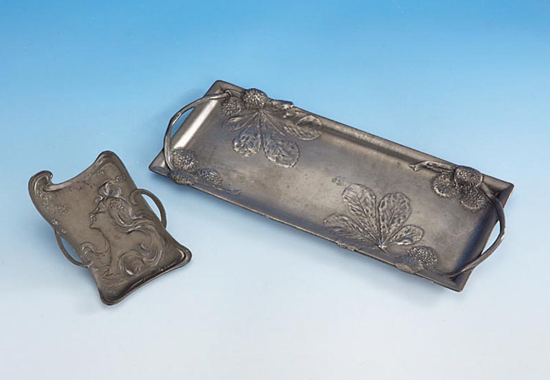 Konvolut 2 Jugendstil-Zierschalen, Zinn: 1 x sign. Bonnefoi, MÄdchenportrait mit wallendem Haar, ca. 11 x 8.5 cm; 1 y Kayser-Zinn, Nr. 4243, ...