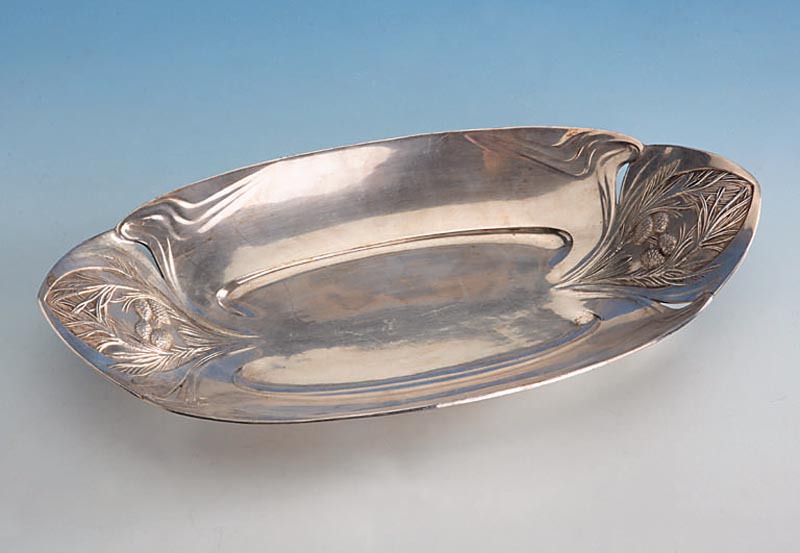 Anbietschale, Galia 1905, Frankreich, versilbert, Kieferverz., reiner Jugendstil, schwere Qual., ca. 36 x 18 x 4 cm