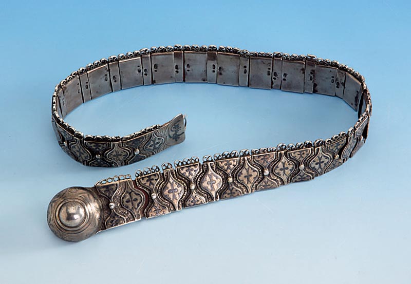 GÜrtel, Moskau 1898-1912, 84er Silber, tauschiert, L. ca. 68 cm